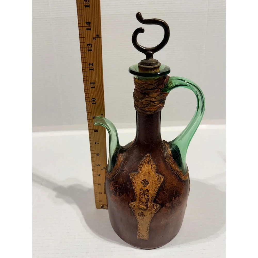 Vintage MCM Italian‎ Leather Wrapped Green Glass Decanter Bottle - 14.5